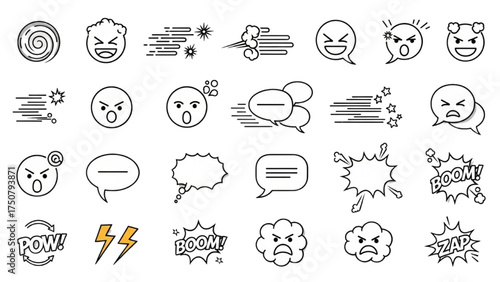 A collection of monochrome line icons representing anger, shouting, and comic book sound effects