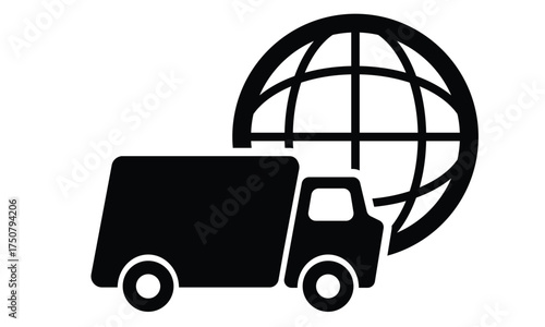 Black vector icon of a delivery truck overlaid with an outlined globe. Symbolizes global shipping, worldwide logistics, international transport, and commerce. Flat, minimalist design.