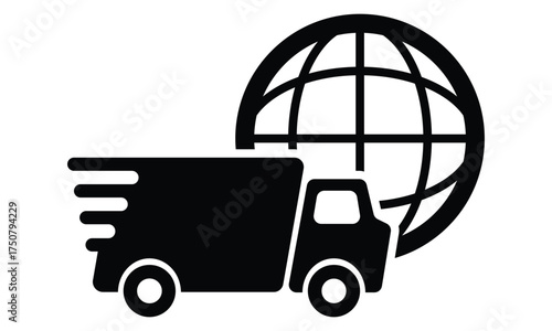 Black vector icon of a delivery truck overlaid with an outlined globe. Symbolizes global shipping, worldwide logistics, international transport, and commerce. Flat, minimalist design.