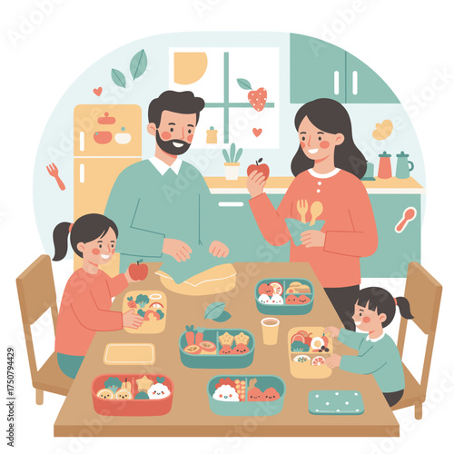 Smiling family preparing healthy bento lunchboxes in kitchen Family bonding healthy lifestyle