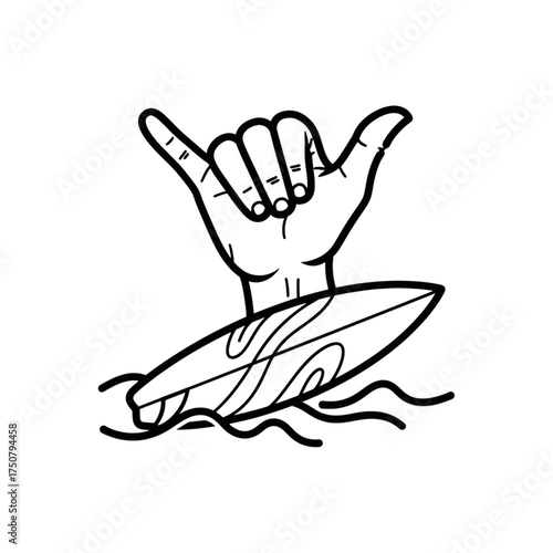 Hand gesture shaka sign with surfboard isolated on transparent background, vector illustration