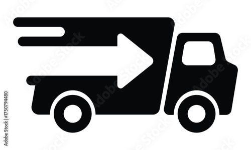 Solid black vector icon of a delivery truck with the white text "delivery" on the side. Minimalist, flat design representing free shipping, delivery, and service. Isolated on white.