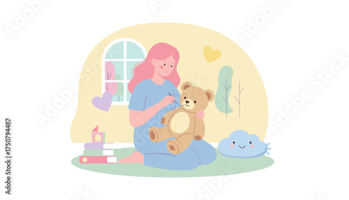 Young woman mending a teddy bear showing care creativity and a gentle home hobby