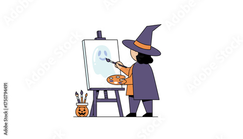 Witch painting a friendly ghost on an easel celebrating Halloween creativity and art
