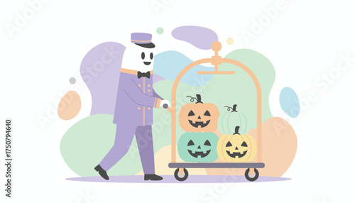 Cute bellhop delivering colorful Halloween jackolanterns on a service cart