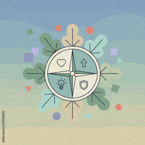Stylized compass guiding lifes journey love growth ideas protection Concept for wellness business strategy