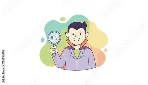Playful cartoon vampire holding a mirror showing his fangs but no reflection Halloween fun
