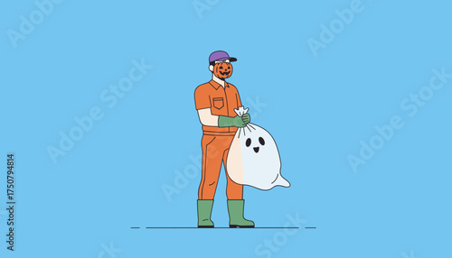 Worker in pumpkin mask and uniform holds a ghost bag ready for Halloween cleanup or trickortreat