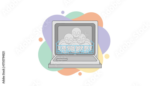 Humorous illustration human skulls in a dishwasher a dark joke about chores or consequences