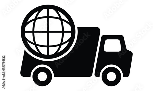 Black vector icon of a delivery truck overlaid with an outlined globe. Symbolizes global shipping, worldwide logistics, international transport, and commerce. Flat, minimalist design.