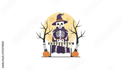 Festive skeleton in witch hat plays xylophone under a full moon with ghosts and pumpkins