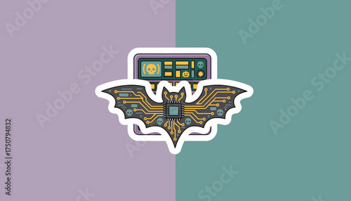 Cyber bat with circuit board wings microchip and skulls symbolizing digital threats or spooky tech