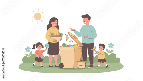 Happy family composting organic waste outdoors teaching kids about sustainability and ecoliving