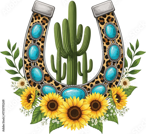 "Leopard Horseshoe Sublimation PNG - Turquoise Stone, Cactus, and Sunflower Graphic"