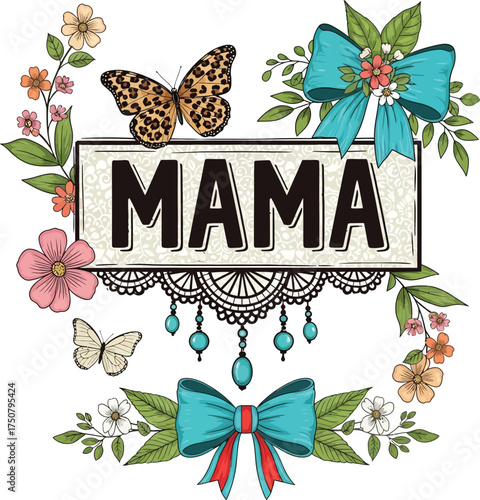 "Boho Mama Sublimation PNG - Leopard Butterfly, Floral Frame, and Teal Bow Graphic"