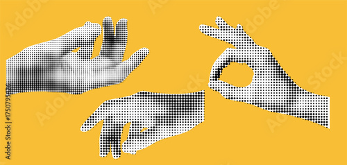 A hand collage set with a halftone and yellow design for a touch or social media pop art kit.