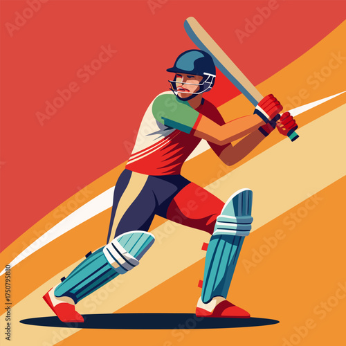 Batting Stance Cricket sport pose A batter standing ready, bat raised, waiting for the delivery. full length silhouette  vector illustration