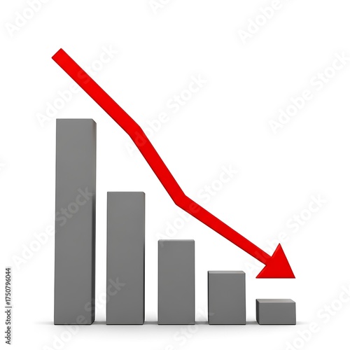 Bar graph with red arrow pointing down isolated on white background