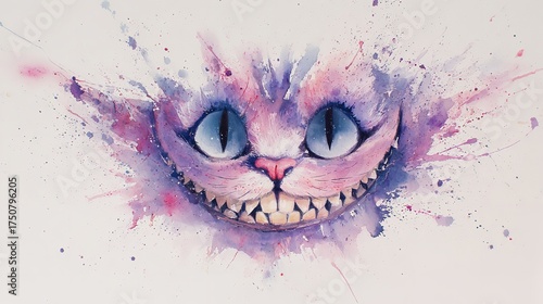 Watercolor painting of the cheshire cats face from alice in wonderland isolated on white background with a big smile