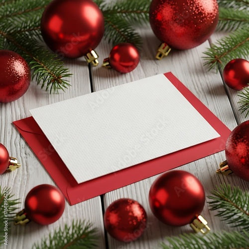 Blank card with envelope surrounded by red christmas ornaments on wood