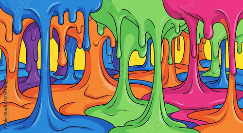 Colorful slime drips down in a playful and vibrant illustration, creating a fun and dynamic background with a variety of bright and cheerful colors