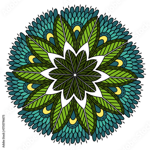 Colorful Green and Blue Mandala Pattern with Floral Leaf Design.
