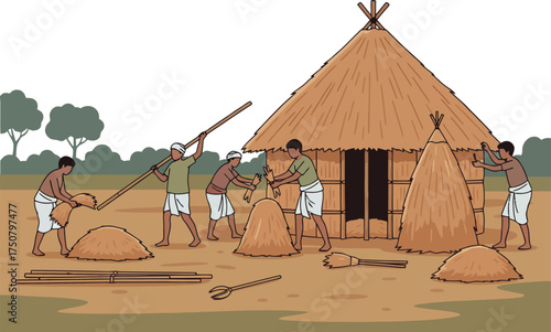 Rural village life in South Asia with farmers harvesting and stacking hay near a traditional straw hut at sunset, a scene of agrarian community labor and culture