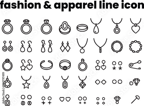 Outline black and white icons of rings, earrings, necklaces, bracelets — luxury jewelry concept for elegant fashion visuals