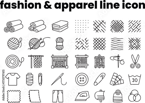 Minimal outline icons representing textiles and fabric industry — cloth rolls, threads, weaving loom, yarn balls, color swatches — clean black line design for apparel visuals