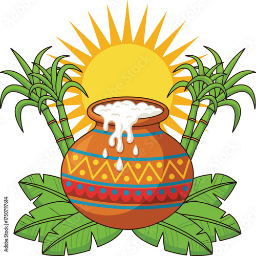 Traditional Pongal pot boiling over with sweet rice, flanked by sugarcane and banana leaves under the sun, a symbol for the South Indian harvest festival.