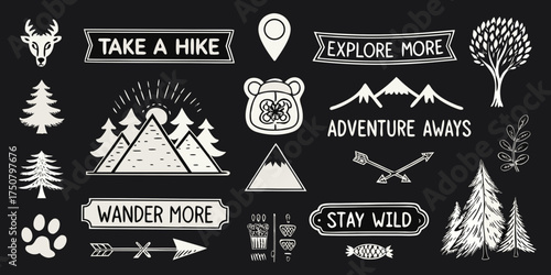Collection of hand drawn outdoor adventure icons and motivational phrases on a black background