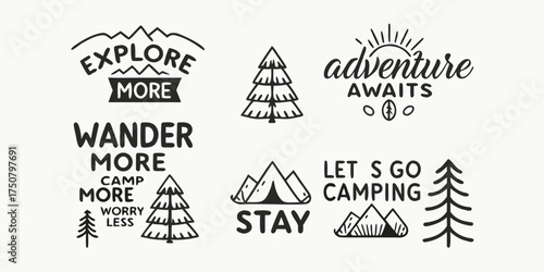 Collection of hand drawn adventure and camping themed quotes with illustrations of mountains trees and tents