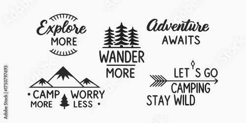 Collection of hand drawn motivational quotes and icons for outdoor adventure and travel