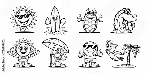 Collection of eight cheerful cartoon characters enjoying summer vacation activities and beach fun