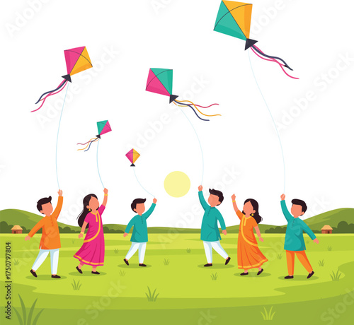 Happy children in traditional Indian attire fly colorful kites in a sunny village field, a joyful scene celebrating Makar Sankranti, Vasant Panchami, or Shakrain.
