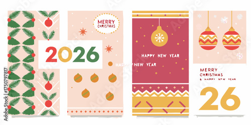 Festive new year and merry christmas greeting cards featuring the year 2026 and holiday ornaments
