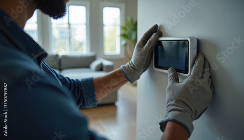 Electrician installs smart thermostat on wall. Man in gloves holds device in living room with modern furniture and large windows. Technician works on home automation system.