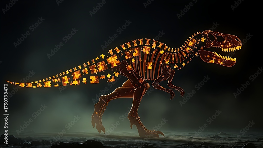 Fototapeta premium Fossilized bone fragments suspended as glowing puzzle pieces forming an unknown dinosaur silhouette.
