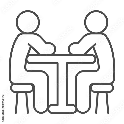 Two people thin line icon, game concept. Vector graphics. Players on chairs at table sign on white background, outline style icon for mobile or web design.