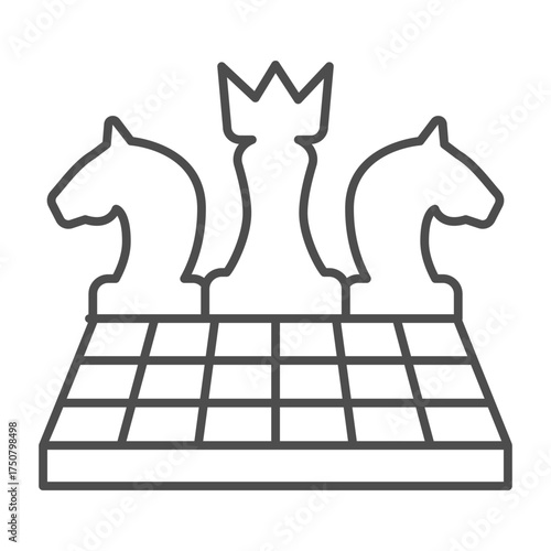 Chess on chessboard thin line icon, game concept. Vector graphics. Playing field sign on white background, outline style icon for mobile or web design.