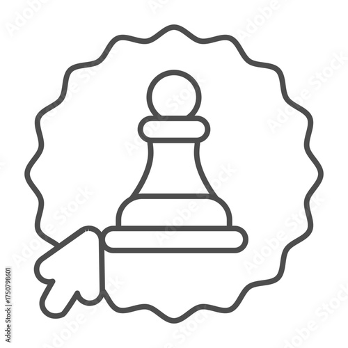 Sticker with chess pawn and mouse pointer thin line icon, game concept. Vector graphics. Gaming sign on white background, outline style icon for mobile or web design.