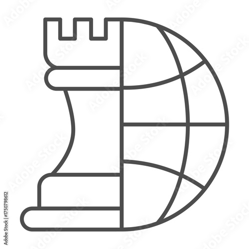 Half of globe and chess tower thin line icon, gaming concept. Vector graphics. Chess planet sign on white background, outline style icon for mobile or web design.