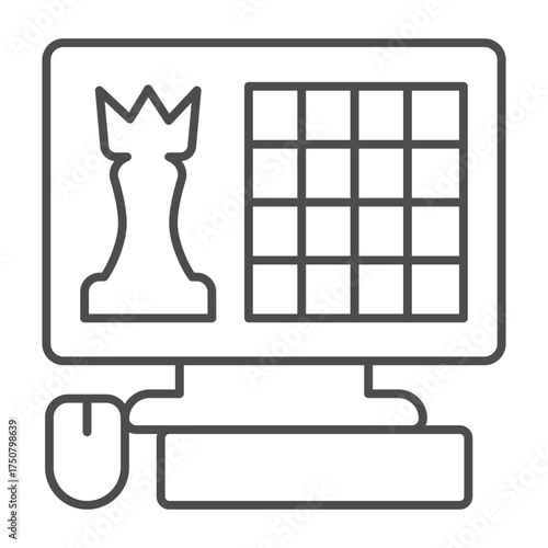 All in one computer with game app thin line icon, online chess concept. Vector graphics. Gaming sign on white background, outline style icon for mobile or web design.