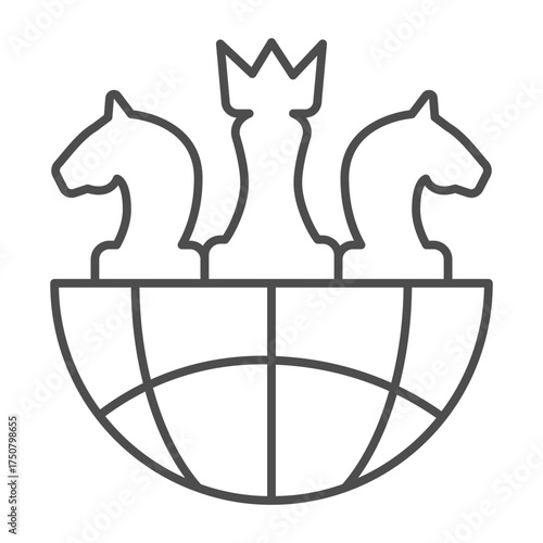 Half a globe and chess thin line icon, gaming concept. Vector graphics. Chess planet sign on white background, outline style icon for mobile or web design.