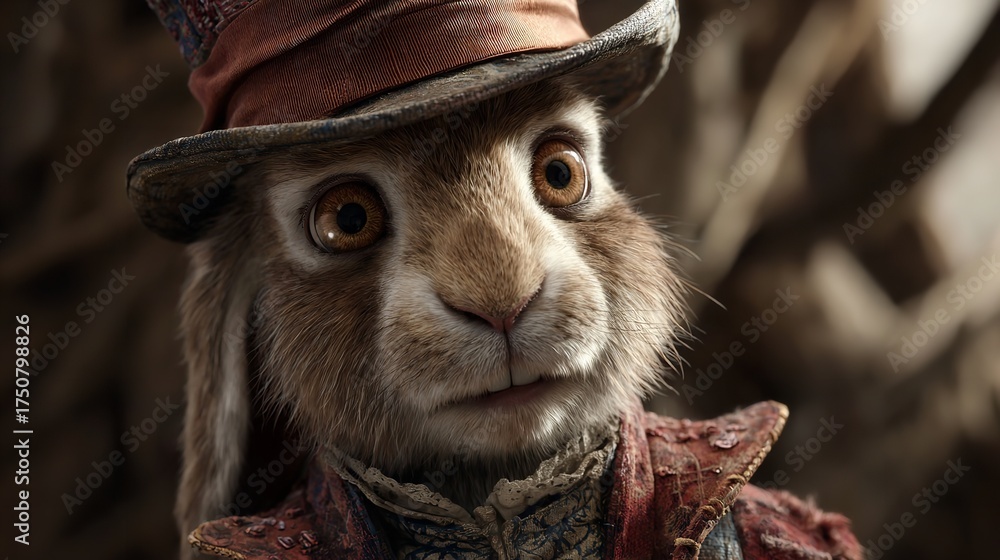 Naklejka premium Closeup portrait of the march hare with a curious expression and a hat in a wonderland setting
