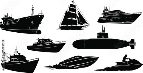 Collection of various water transportation vehicles in silhouette, including yachts and submarines