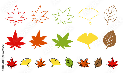 手描きのイラスト,シンプルな秋の葉っぱアイコンセット、紅葉・銀杏・もみじ（ベクター・線幅変更可・サイズ変更可・編集可能・印刷・塗りあり・Vector）/Simple Line Autumn Leaf Vector / 