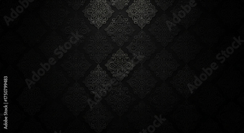 Subtle black damask pattern on a dark textured background, featuring intricate floral motifs and a vintage aesthetic, creating a sophisticated and elegant look