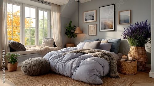 Cozy bedroom interior with bed window art and natural light