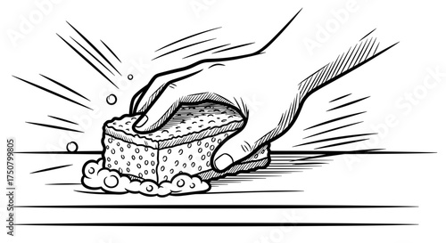 Hand scrubbing surface with sponge in black and white sketch